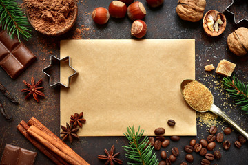 Food background with christmas spices.Top view with copy space.