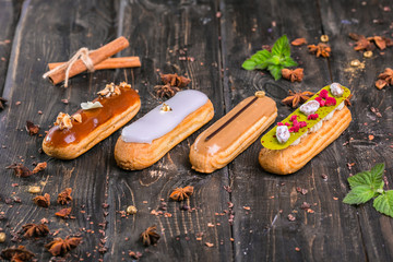 choux pastries with various fillings in a pastry shop