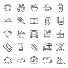 set of summer holiday party and travell ing icon, with simple outline and modern concept, editable stroke, use for travel reservation web assest and infographic pictogram, toursim, beach party day