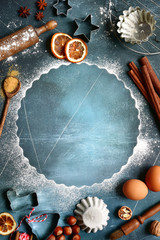 Food background with ingredients and props for baking.Top view with copy space.