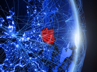 Poland on blue digital planet Earth with network. Concept of connectivity, travel and communication.