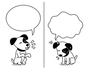Cartoon character jack russell terrier dog expressing different emotions with speech bubbles for design.