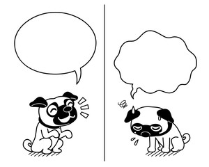Vector cartoon character cute pug dog expressing different emotions with speech bubbles for design.