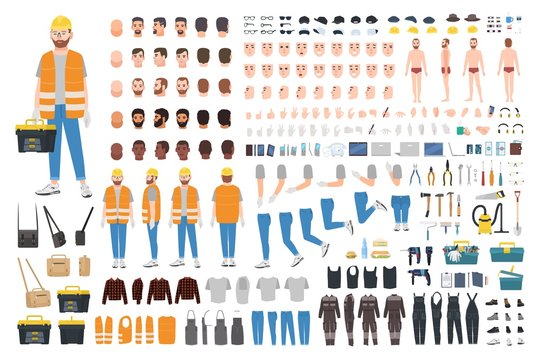 Worker or repairer DIY kit. Collection of male cartoon character body parts, facial expressions, gestures, clothes, working tools isolated on white background. Colorful flat vector illustration.