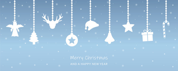 snowy christmas greeting card with hanging decoration