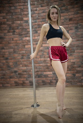 Beatiful girl is posing near a pylon in a pole dance studio. full-length view