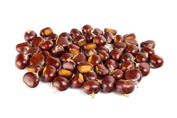 Fresh chestnuts with peeled roasted chestnut isolated on white background. Hippocastanum isolated.