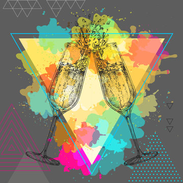 Hand drawing illustration of champagne clinking glasses on artistic polygon watercolor background