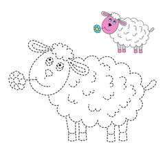 drawing worksheet for preschool kids with easy gaming level of difficulty. Simple educational game for kids. Illustration of funny sheep eating a flower for toddlers