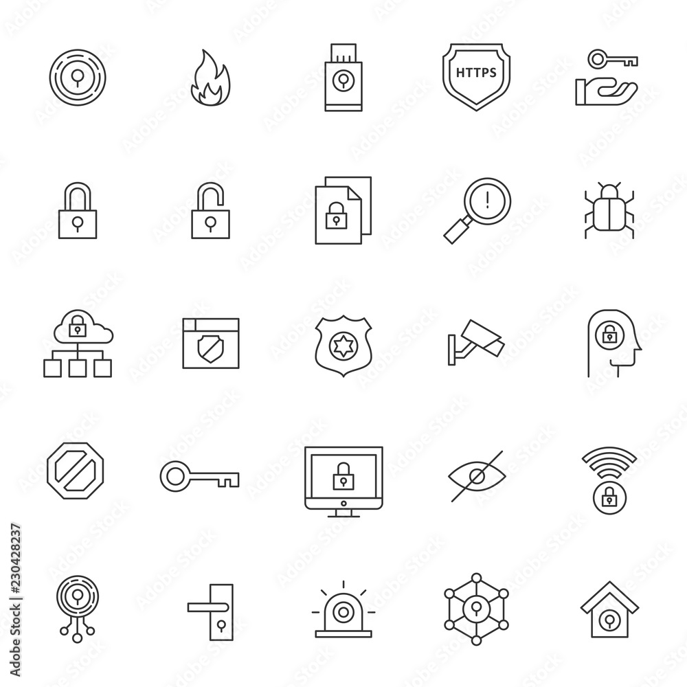 Poster set of icon related of protection and security system with simple style and editable stroke, vector 