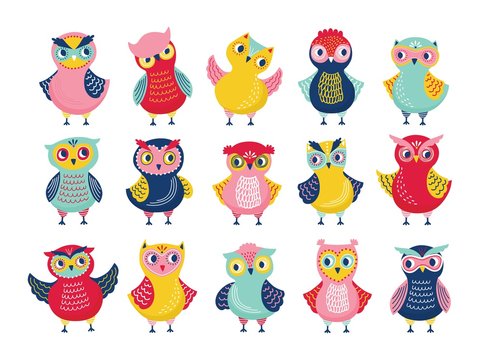 Bundle of different funny owls or owlets isolated on white background. Collection of adorable cartoon forest birds standing in various positions. Set of childish design elements. Vector illustration.