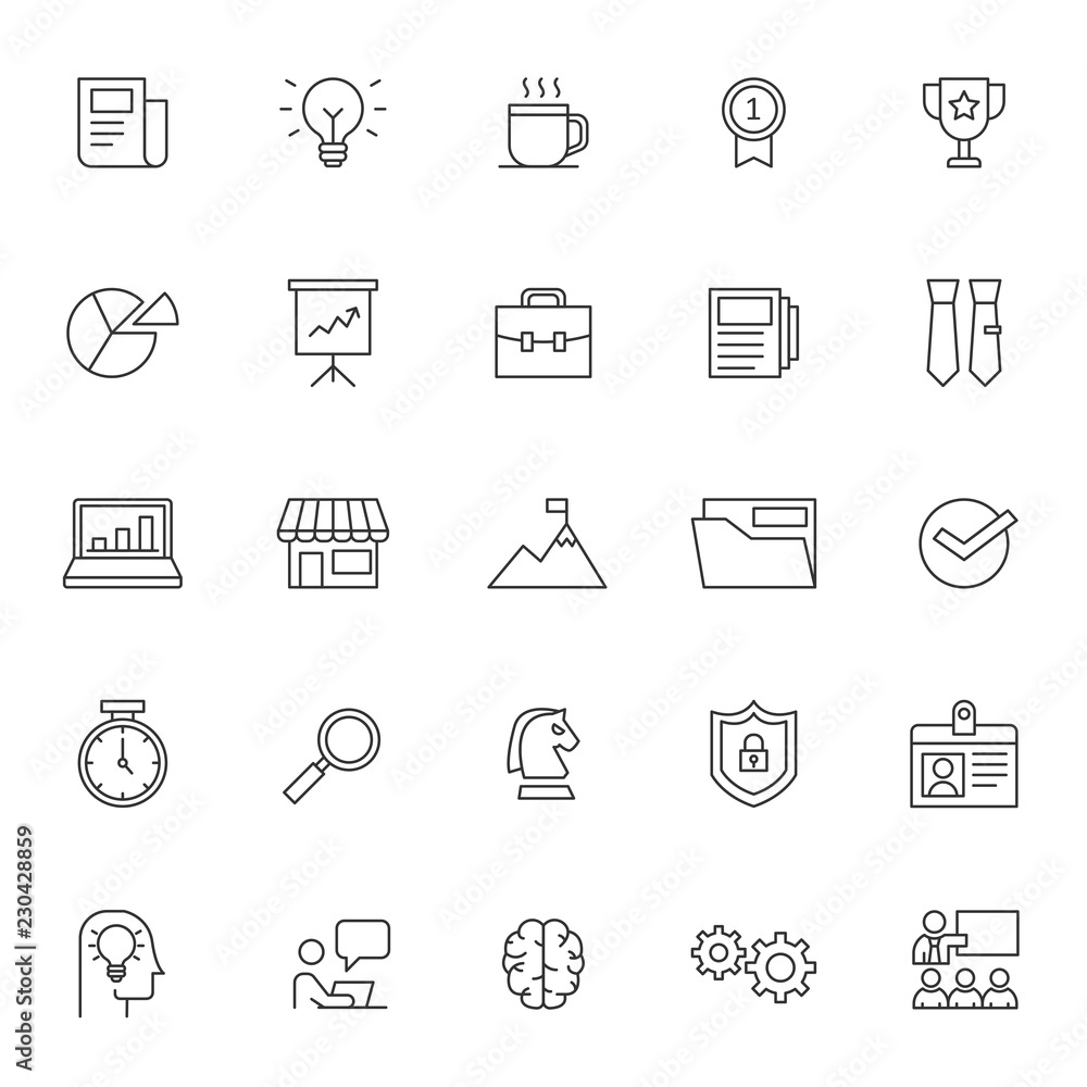 Poster set of business management thin line icon with modern style and simple outline, editable stroke vect