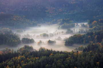 Foggy morning in Rudawy Janowickie, Silesia, Poland - obrazy, fototapety, plakaty
