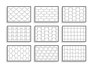 Set of seamless roof tiles textures. Black and white graphic patterns of architectural materials - obrazy, fototapety, plakaty