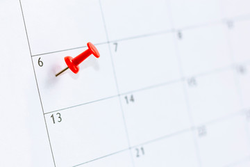Pin on date 6. Sixth day of month calendar with red thumbtack.