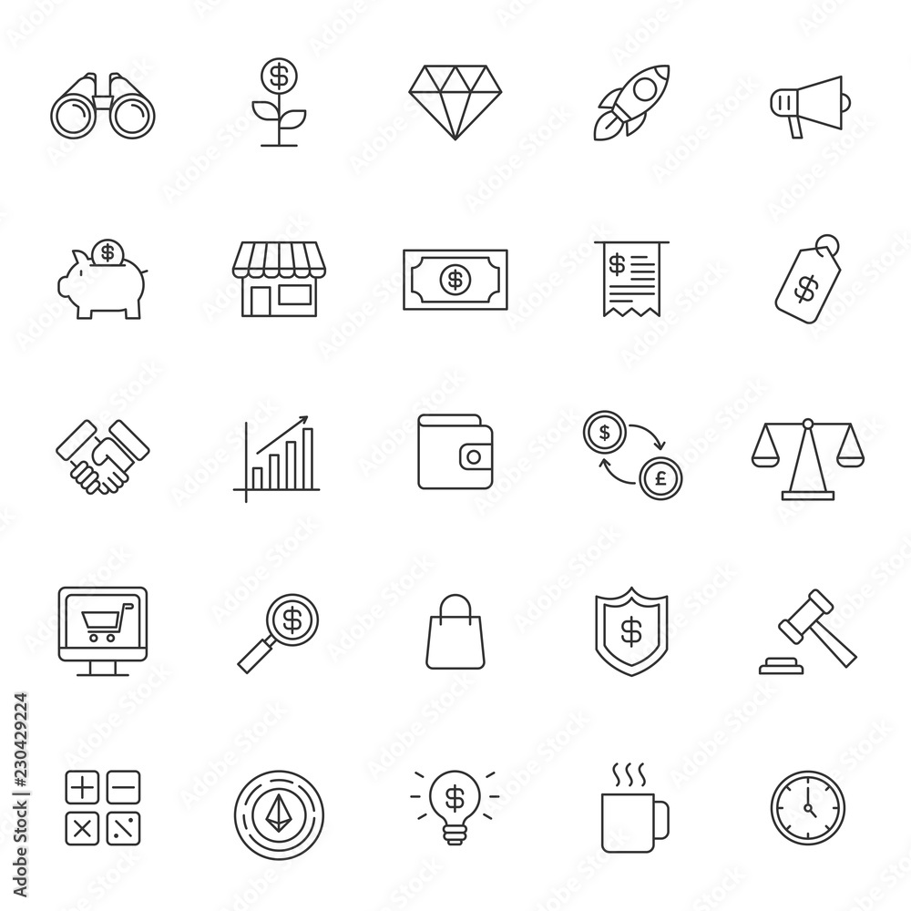 Poster set of business financial thin line icon with modern style and simple outline, editable stroke vecto