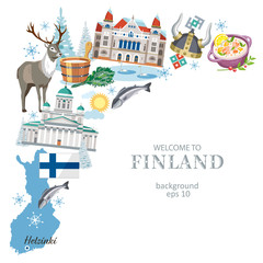 Travel Finland background with traditional symbols of the country, great sights and national features