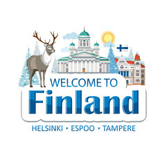 Finland emblem lettering illustration with traditional national symbols of the country