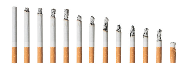 Many different stages of smoked cigarette isolated on white background