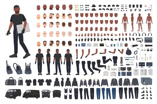 Thief or burglar constructor set. Bundle of flat male cartoon character body parts, hand gestures, facial expressions, clothing and accessories isolated on white background. Vector illustration.