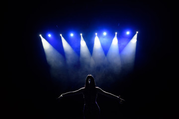 Singer performing on stage with lights. Concert. View from the auditorium.