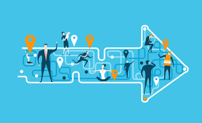 Arrow made of map lines with stop marks and people on that abstract locations, representing different area of life and business career.
Concept illustration. The way we are going