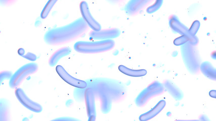 Bacteria under the microscope. Escherichia. E. coli. Isolated on white background with blurred particles. Close up. 3D rendering