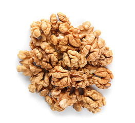 Shelled walnuts on white background