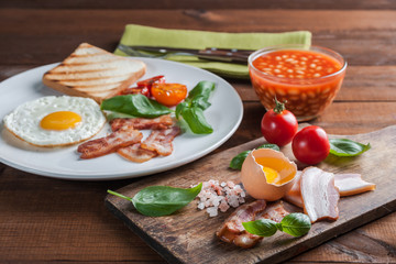 Fried egg and bacon on plate