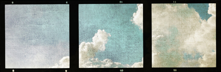 Triple vintage film strip frame with blue sky and clouds. - 230434047
