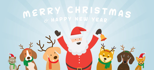 Santa Claus with Cat and Dogs, Christmas, Winter and New Year Celebration