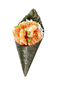 Delicious Salmon and Shrimp Temaki Hand Roll with Chives