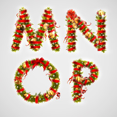 Christmas font. Four letters  MNOP of Christmas tree branches, decorated with a red ribbon and golden balls. Highly realistic illustration