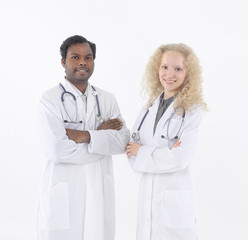 Fototapeta premium Full body portrait of two happy smiling young medical people,