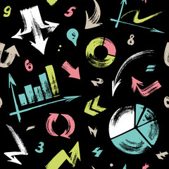 Seamless pattern with hand-drawn info graphics elements, numbers and arrows on black background.