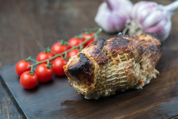 Smoke meat delicious from pork on wooden cutting board
