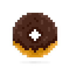 Chocolate donut in pixel style. Dessert and sweets 8 Bit art icon on white background