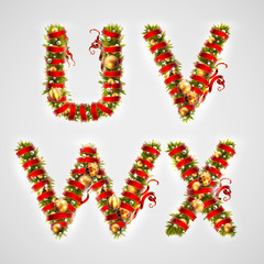 Christmas font. Four letters UVWX of Christmas tree branches, decorated with a red ribbon and golden balls. Highly realistic illustration