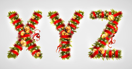 Christmas font. Four letters  XYZ of Christmas tree branches, decorated with a red ribbon and golden balls. Highly realistic illustration