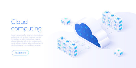 Cloud storage download isometric vector illustration. Digital service or app with data transfering. Online computing technology. 3d servers and datacenter connection network.