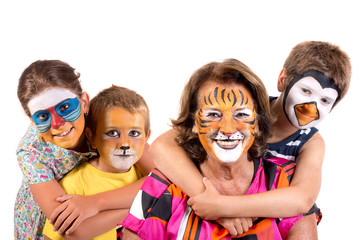 Kids and granny with animal face-paint