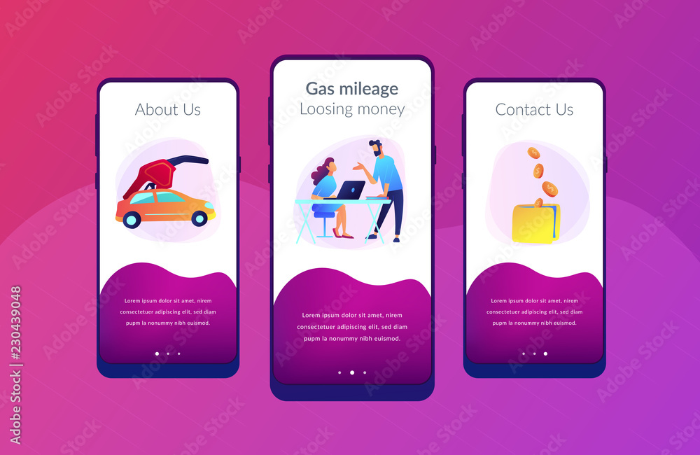 Poster fuel saving and gas mileage ui ux app interface template.