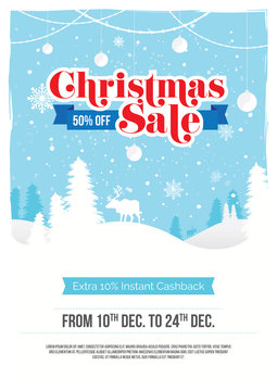 A4 Size Christmas Festival Sale, Offer Poster Design Background Layout Template with 50% Discount Tag