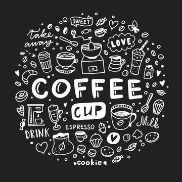 Coffee doodle illustration round concept. Cute coffee, sweet desserts and cafe elements on dark background
