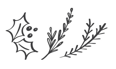 Christmas decorative branch elements design floral leaves in scandinavian style. Vector handdraw illustration for xmas greeting card