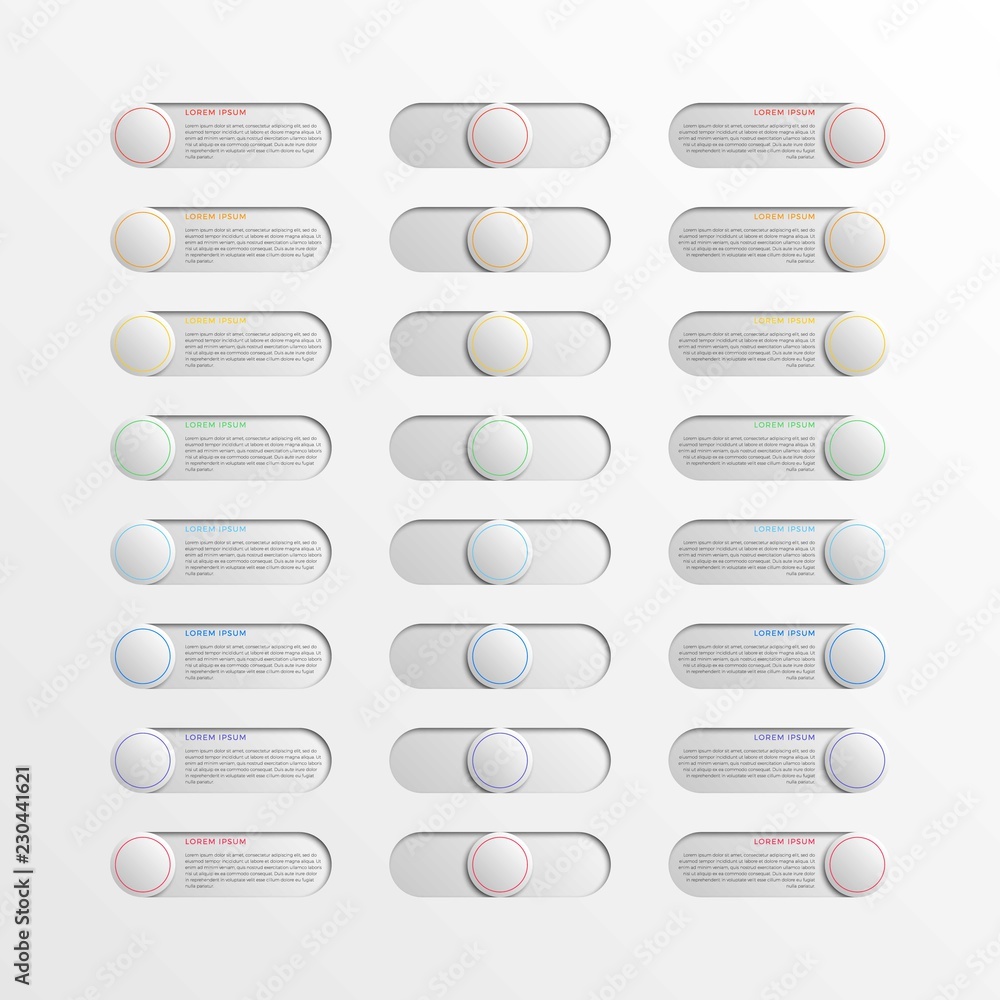 Aufkleber set of multicolor switch interface round buttons with text boxes. 3d realistic infographic slider. e