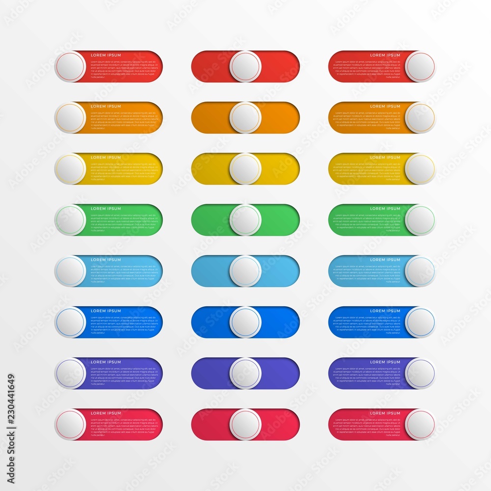 Aufkleber set of multicolor switch interface round buttons with text boxes. 3d realistic infographic slider. e