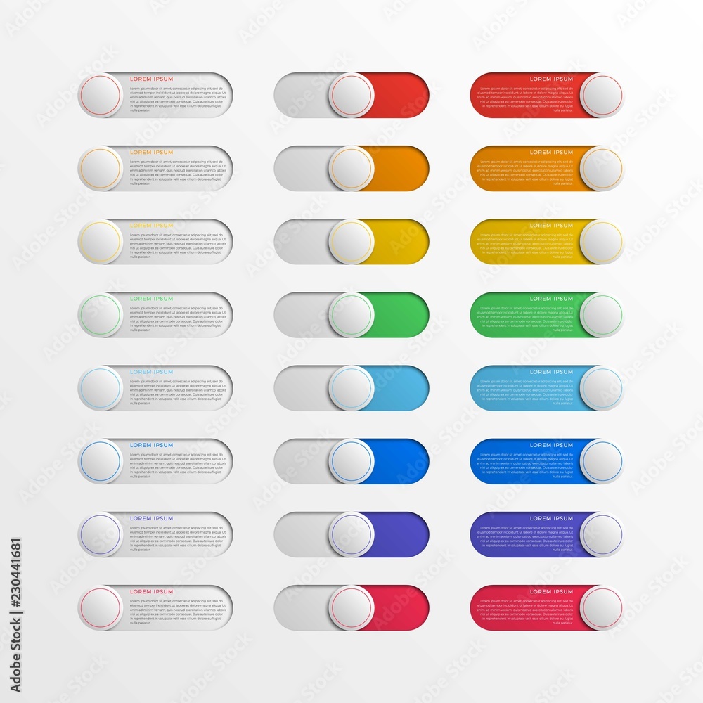 Aufkleber set of multicolor switch interface round buttons with text boxes. 3d realistic infographic slider. e