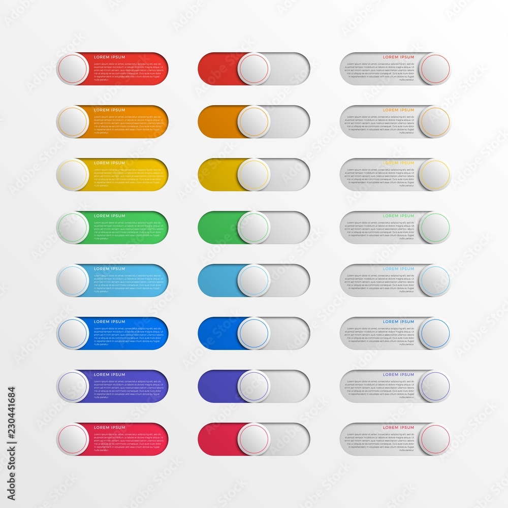 Aufkleber set of multicolor switch interface round buttons with text boxes. 3d realistic infographic slider. e