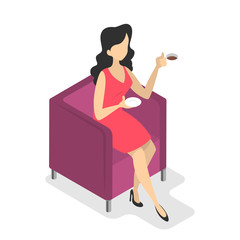 Young female character sitting in armchair and drink coffee